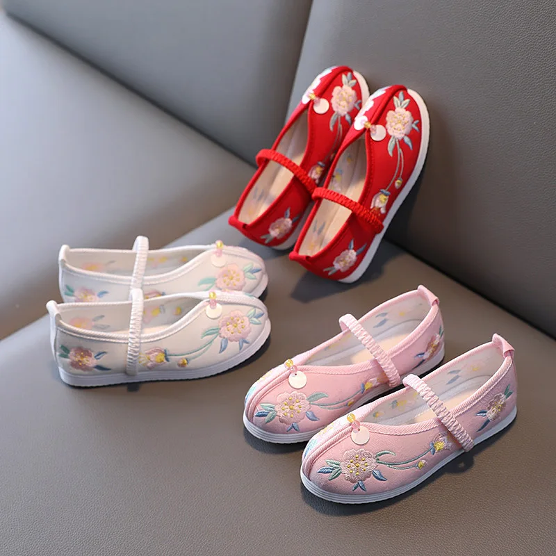 Chinese Style Girl Cloth Shoes Spring Autumn Embroidery Elastic Band Children Princess Dance Shoes Kids Flat Hanfu Shoes CSH1664