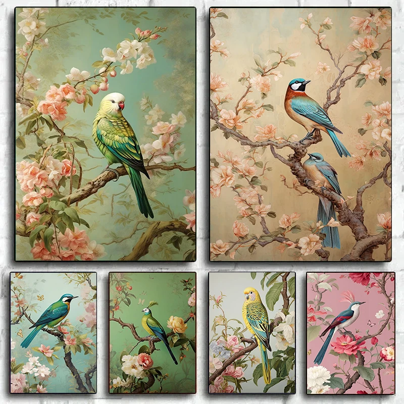1 pieza de lienzo sin marco, estilo chino, póster de flores y pájaros, loros, cacatúas, periquitos, impresiones artísticas de pared de pájaros, cuadro para sala de estar y hogar