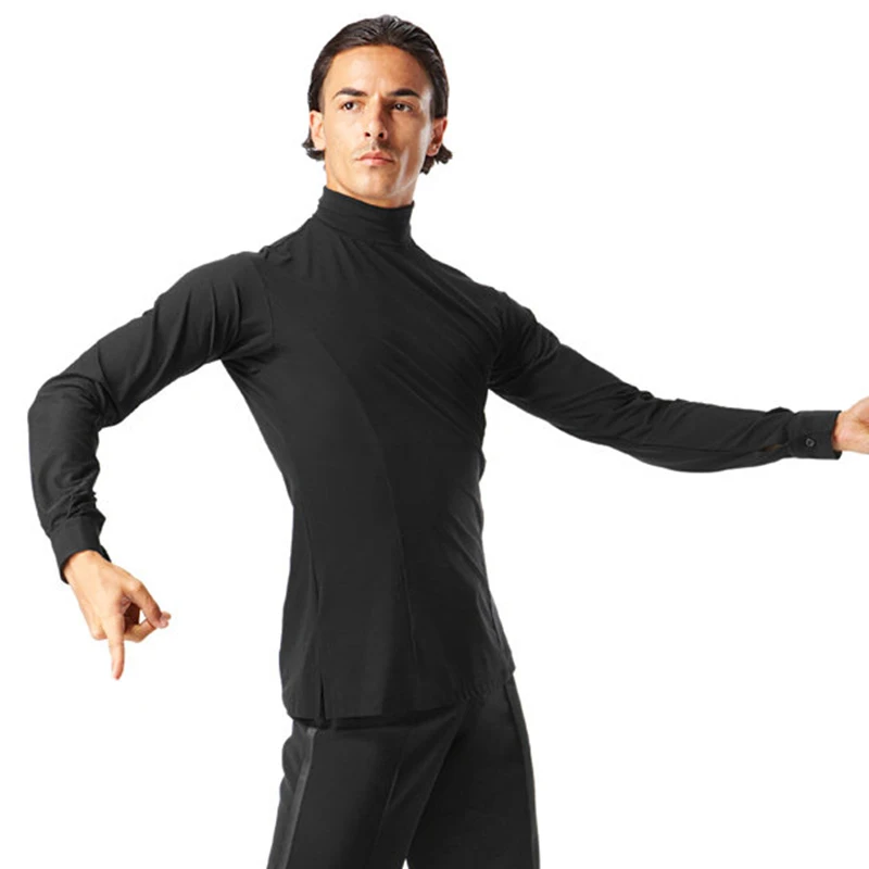 Man Latin Dance Training Clothes Black Long Sleeve Dance Top Male Ballroom Modern Dancing Top High Collar Practice Tops VDL5687