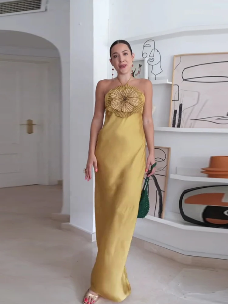 فستان نسائي أنيق للحفلات ثلاثي الأبعاد رسن على شكل زهرة بدون أكمام بدون ظهر حورية البحر من الساتان فساتين نسائية لصيف 2025 رداء سهرة أنيق