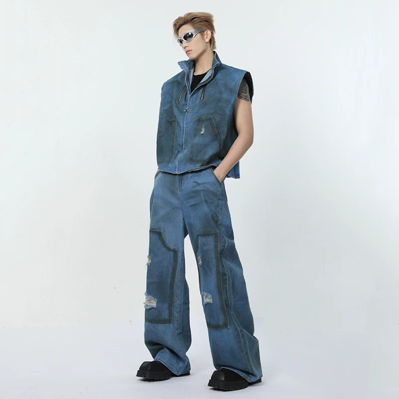 IEFB High Street Men's Sets Worn-out Zippers Casual Vest Washing Hole Vintage Straight Wide Leg Male Denim Pants Stylish 9C6545