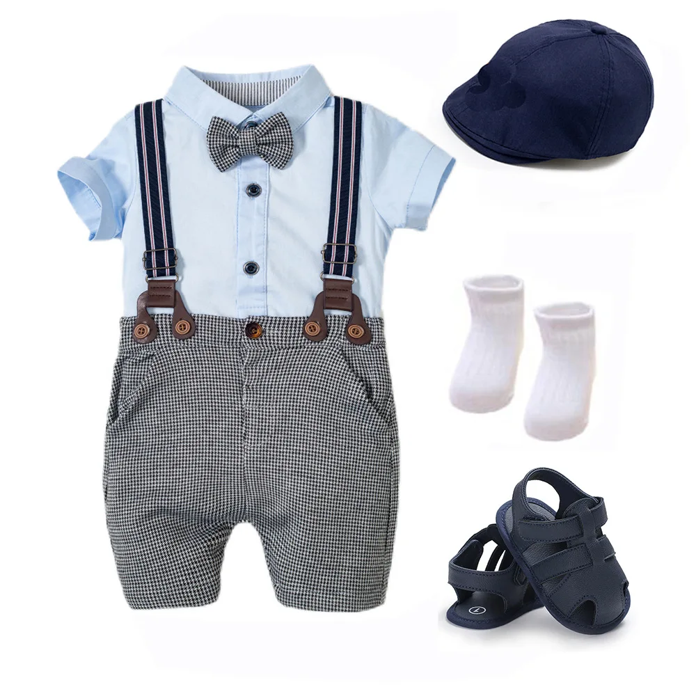 

Summer Baby Romper Suit Newborn Boys Formal Clothing Cotton Children Hat + Jumpsuit + Shoes + Socks 4 Pieces Outfit Blue Costume