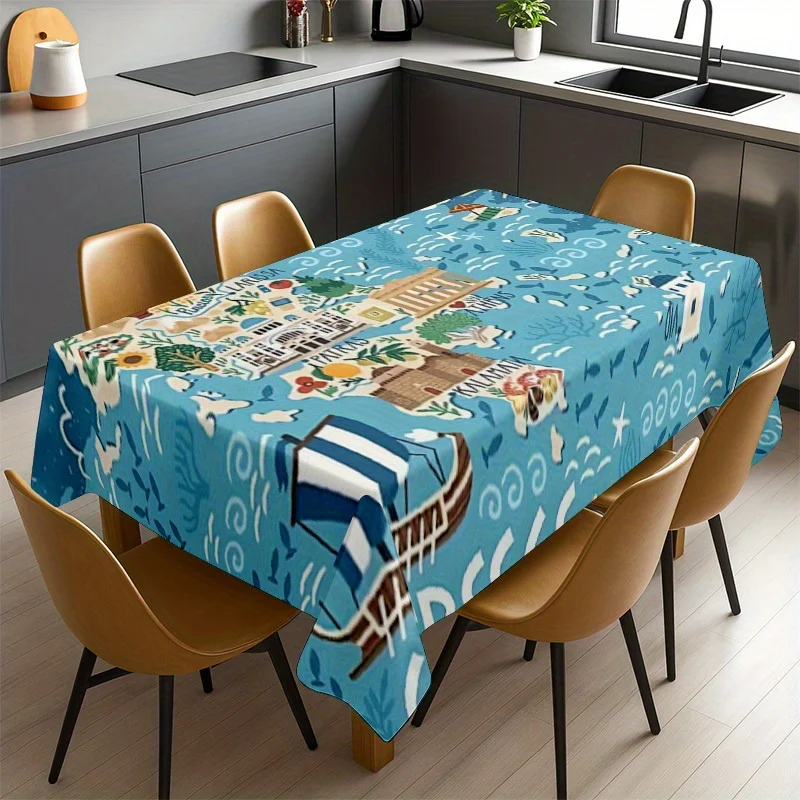 Cute Watercolor Picnic Scene Tablecloth Waterproof Spillproof Dining Table Cover for Kitchen and Outdoor Use