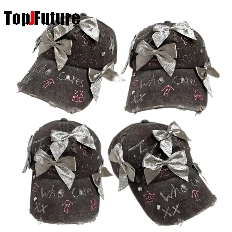 Original Hand drawn Y2K Girl Harajuku Gothic Lolita Bow Distress Hat Women Punk 'Who Cares“ Subculture Cap Streetwear Sun hat