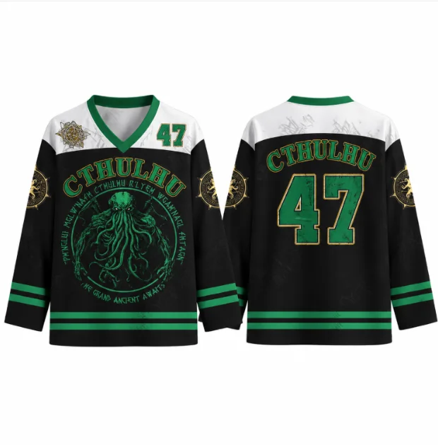 Retro Cthulhu Mythos Hockey Jersey, Number 47 Graphic Long Sleeve V Neck Hockey Shirt, Gothic Streetwear Cosplay Costume Top