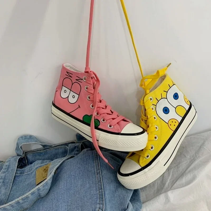 SpongeBob Patrick Star Canvas Shoes Cartoon Anime Vulcanized Chaussure Women High Top Sneakers Casual Lace Up Zapatillas Mujer