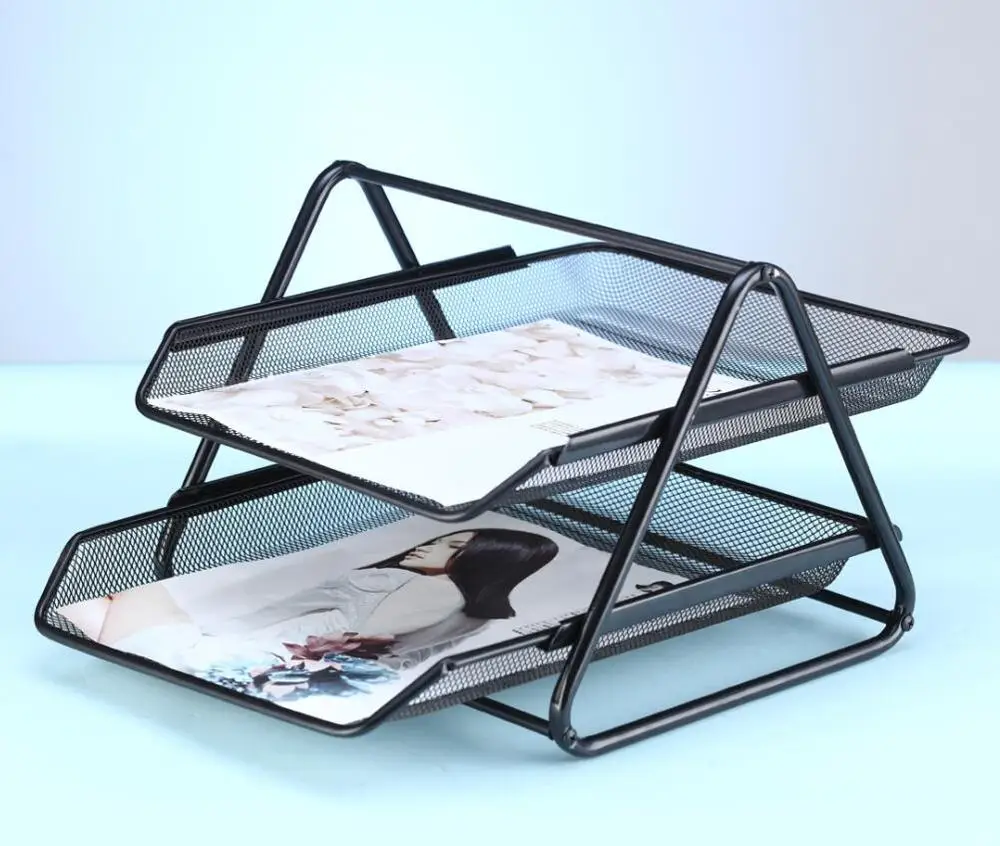 High-End Fashion Metal Mesh Desk Organizer File Tray Desktop File Rack 2 Tiers Document Tray