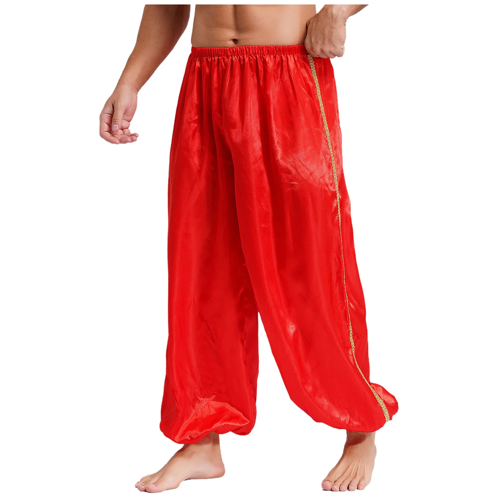 Mens Halloween Arabian Prince Costume Shiny Satin Pants Elastic Waist Gold Trim Bloomer Loose Bottoms for Theme Party Cosplay