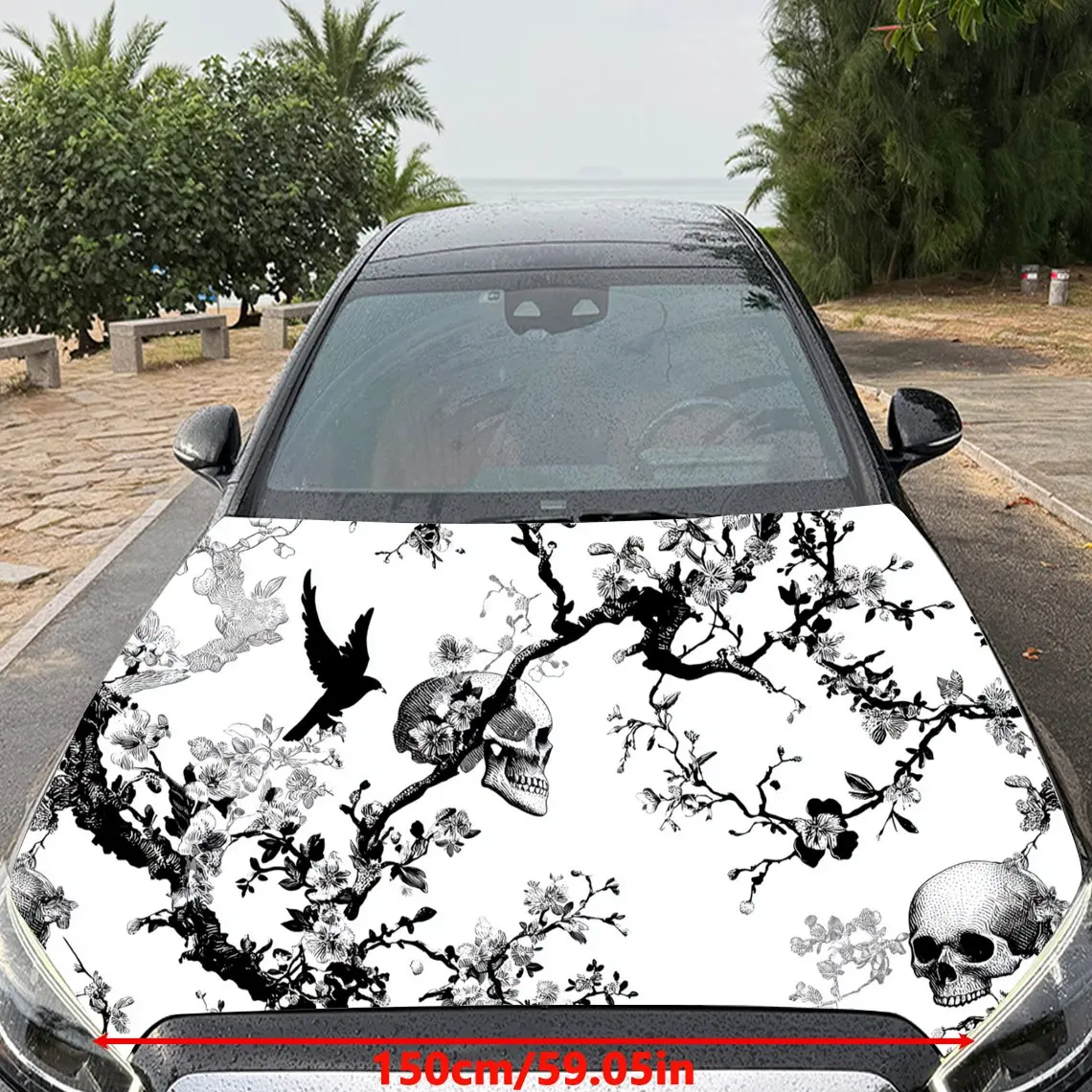 Car Decal Skull with Birds & Floral Motif in Monochrome Design - Edgy Artistic Dark Fantasy Aesthetic Car Hood Sticker, Waterpro