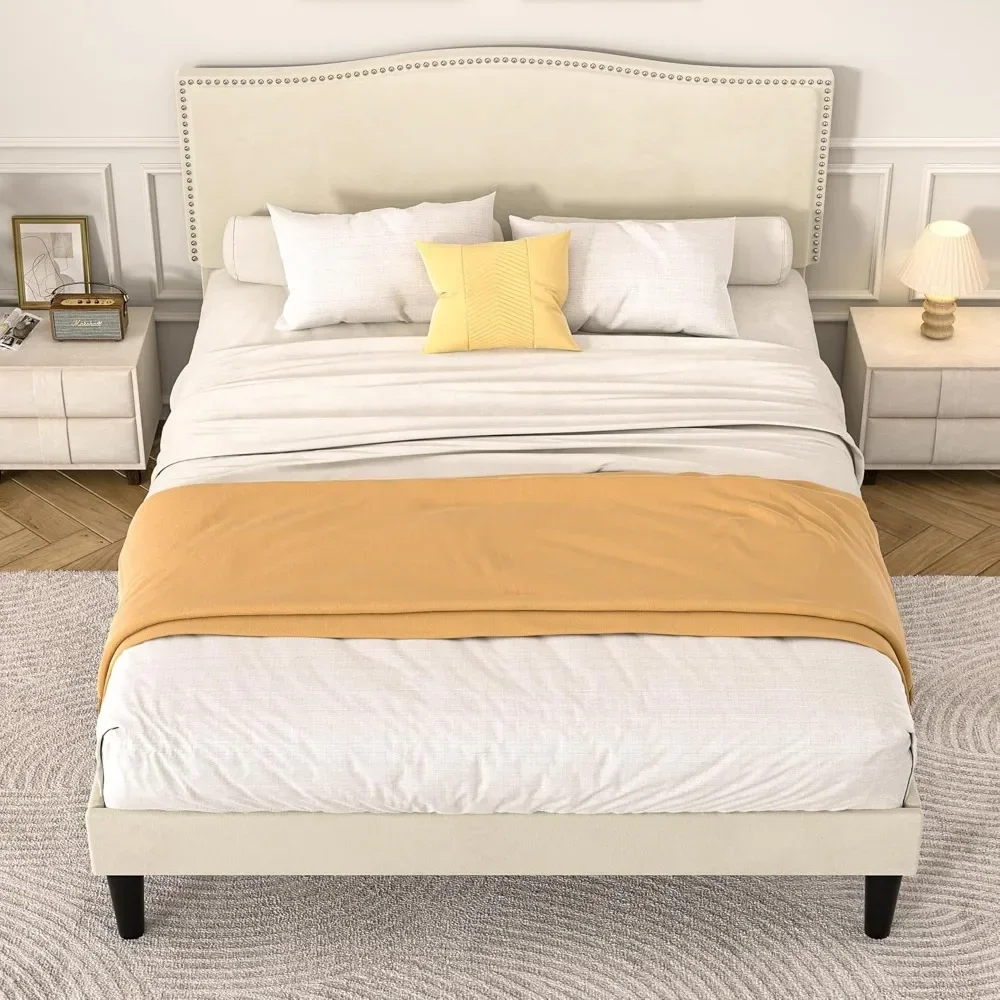 bed.Full Bed Frame Platform Bed Frame with Upholstered Headboard, Strong Frame and Heavy-Duty Slats Support, Non-Slip and Noise