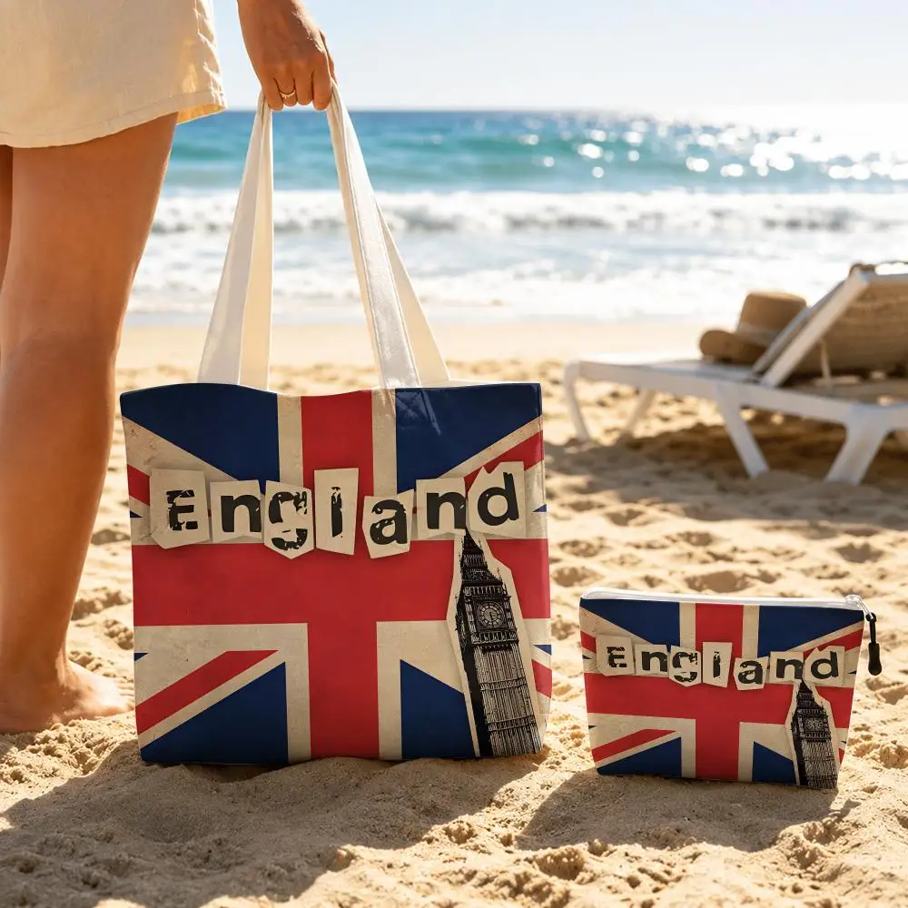 Flag of United Kingdom Storage Bags 2-Piece Double-Sided Printed Canvas Tote Bag Set with Zipper Shoulder Bags Handbags