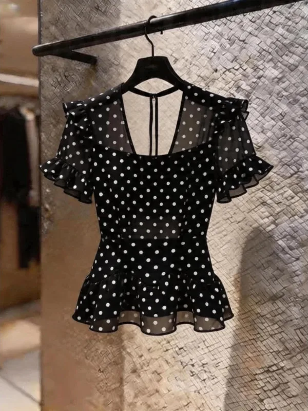 

Summer 2026 Black Polka Dot Short Sleeve Women's Shirt Luxury Design Ageless Style Korean Commute Fashion Polyester Fiber