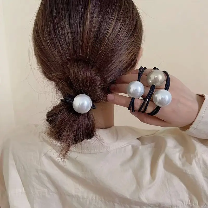 

2pc Good Imitation Pearl Fashion High Ponytail Rubber Band Fashion Geometric Eleastic Hair Rope Korean Hair Accessories