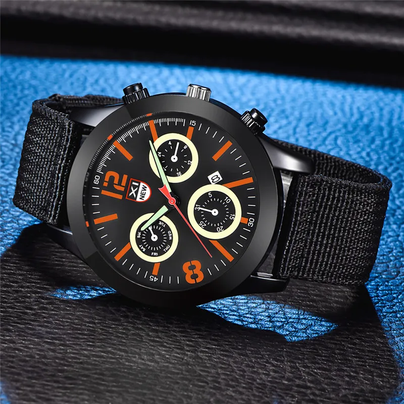 1 pc/lote Homens Genuíno XINEW Marca Relógios Estudantes Meninos Moda Casual Nylon Banda Esportes Data Relógio de Quartzo Preto Montre Homme