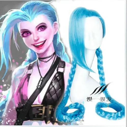 League of ATIONS End Jinx LOL Long Twin Braids Cosplay Perruque, Cheveux bleus, Masade