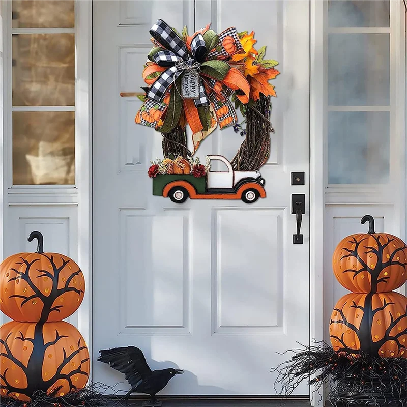 Halloween Wreath Wooden Pumpkin Truck Handmade, 30X30X4cm Autumn Harvest Vintage Farmhouse Thanksgiving Decorations