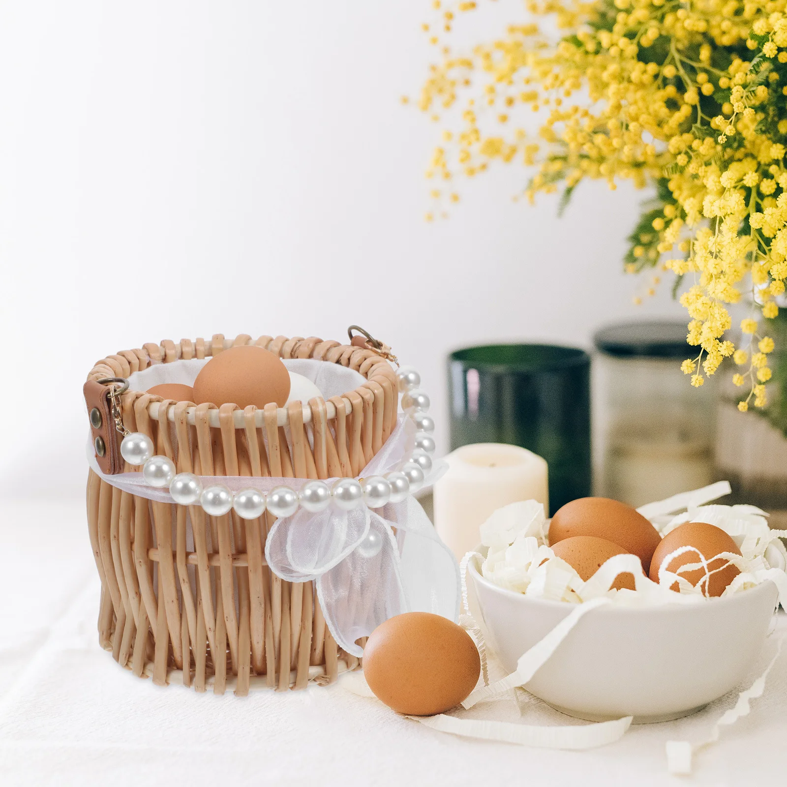 

Woven Basket with Imitation Pearl Handle Multi-Functional Fruit Vegetable Storage Handheld Harvest Basket for Picnic Garden