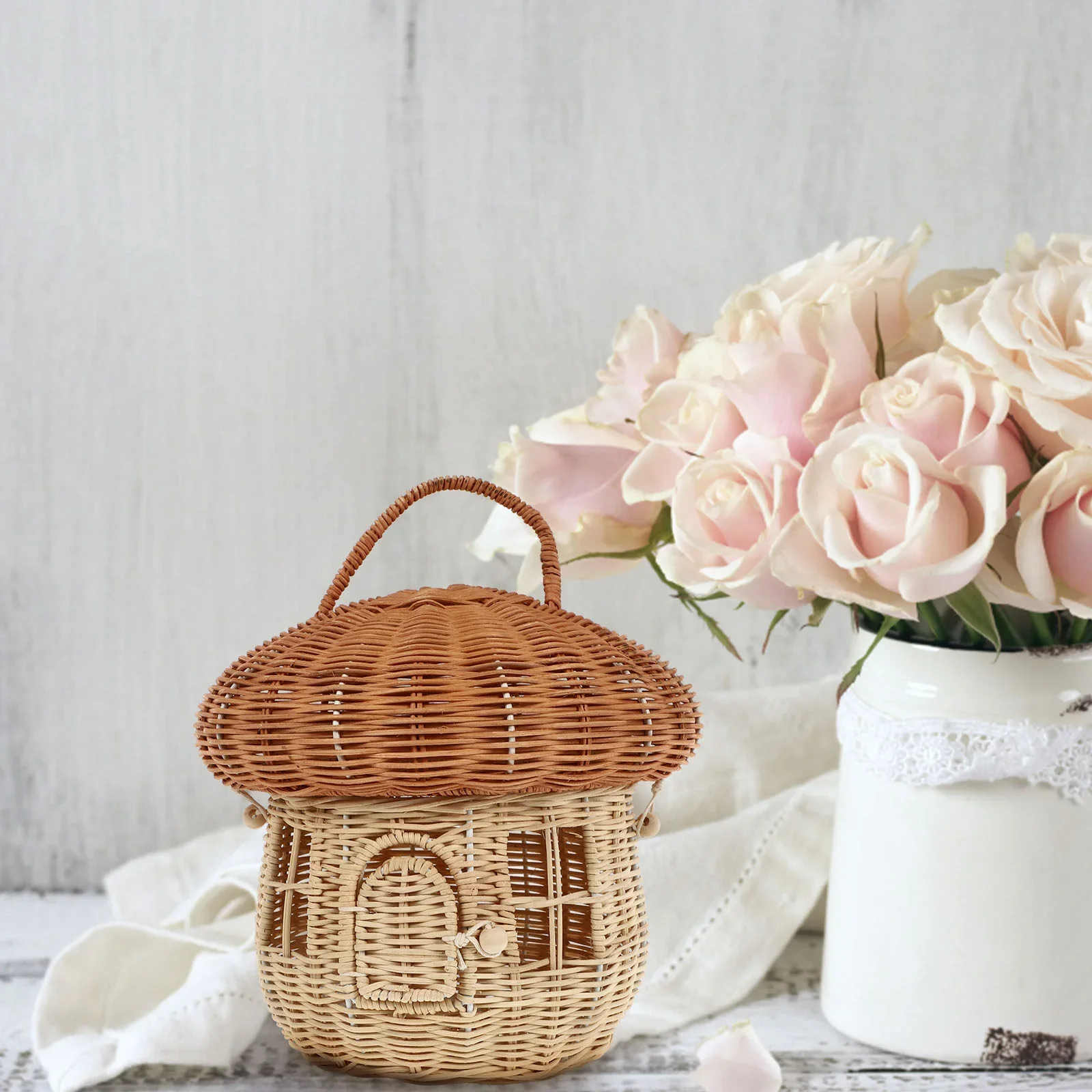 1pc Lovely Mushroom Shape Natural Home Decor Small Basket Hand Woven Desk Storage Basket