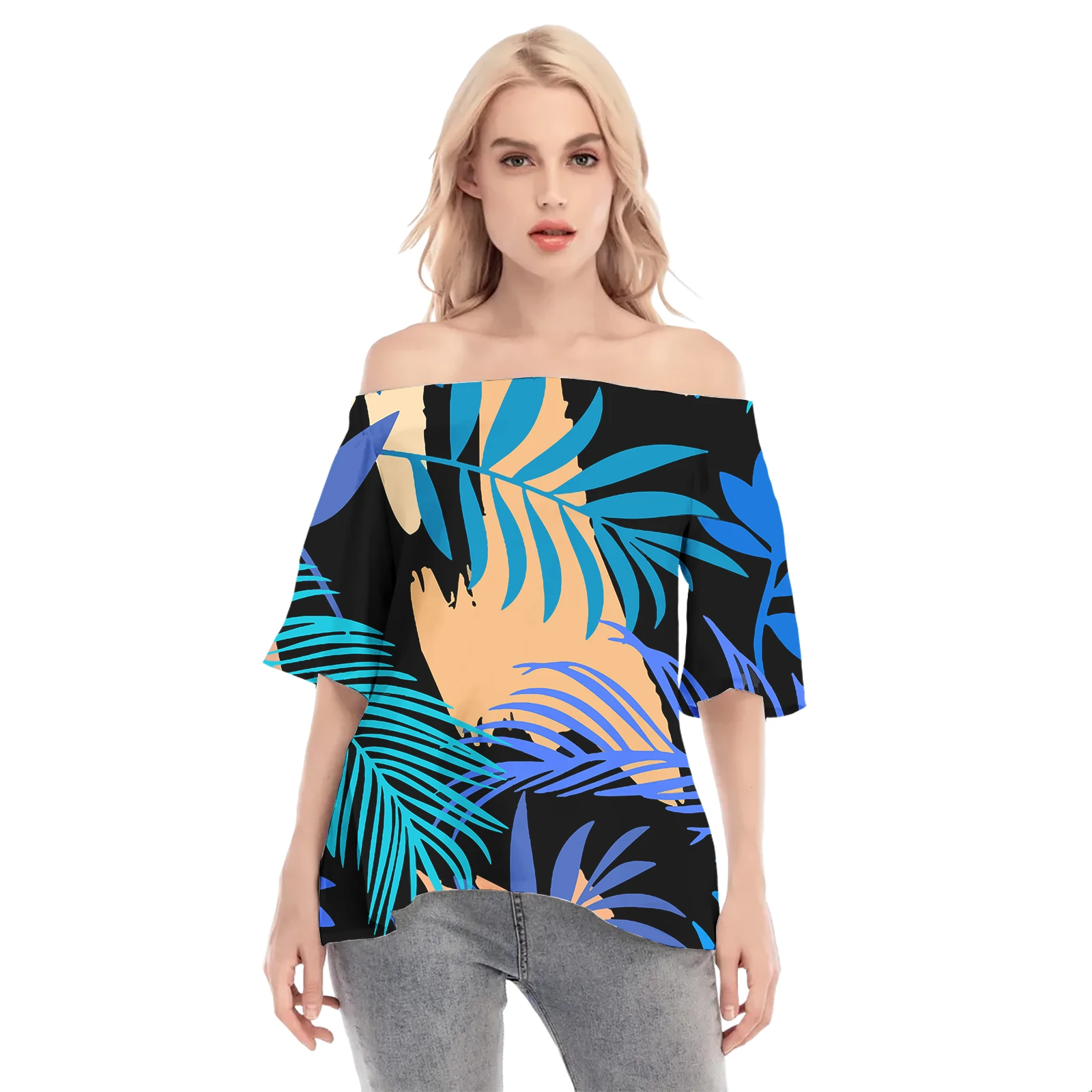 Vintage Blouse Polynesian Tropical Floral Tribal Pattern Women T Shirt Office Casual Business Off Shoulder Sexy Blouse