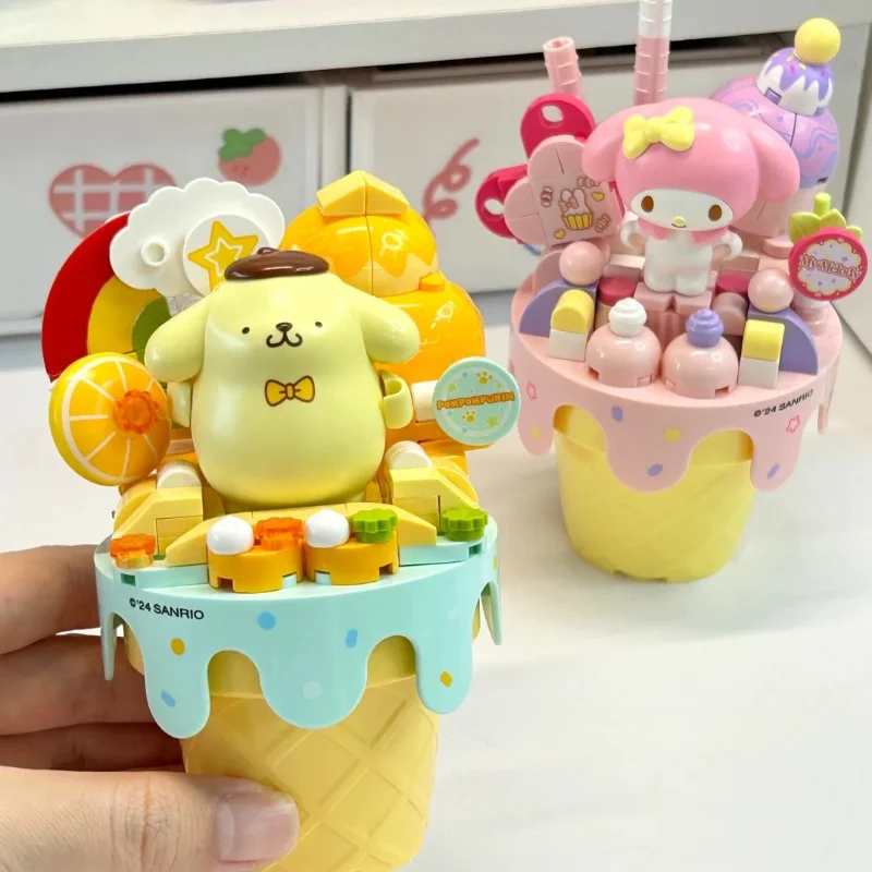 New Keeppley Sanrio Building Blocks Hello Kitty Kuromi Pochacco Cinnamoroll Ice Cream Cone Splicing Model Toy Ornaments Gift