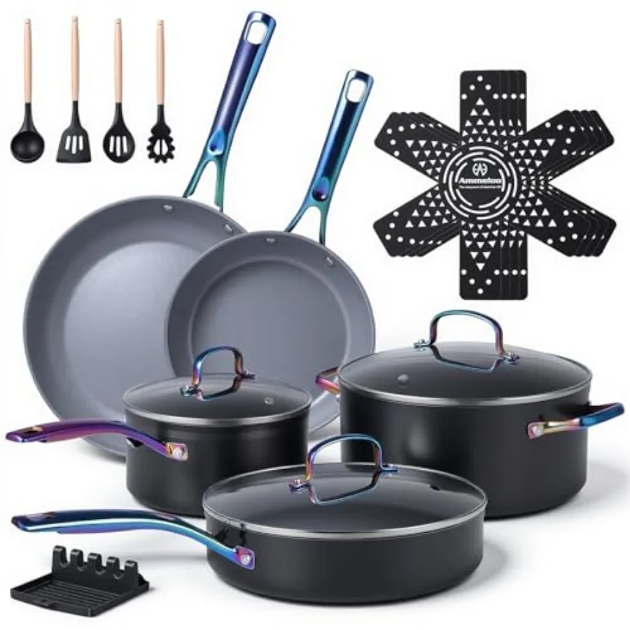 Juego de 17 Piezas de Utensilios de Cocina de Cerámica, Juego de Ollas y Sartenes de Inducción Antiadherentes de Primera Calidad con Asas de Color que No se Calientan, No Tóxicos, Libres de PFOA y PFOS, Aptos para Horno