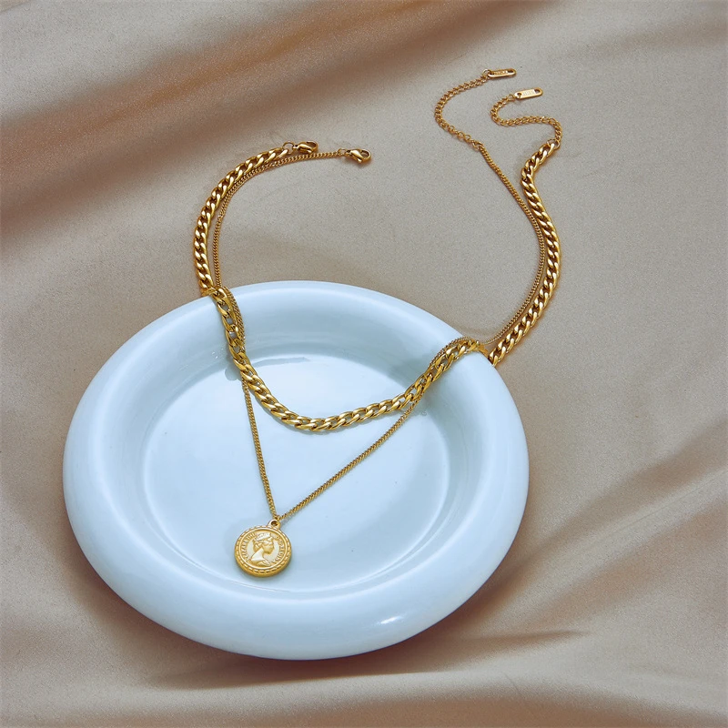 316L Stainless Steel 2025 New 2-Layer Separable Double Sided Carving Queen's Coins Charm Chain Choker Necklace Pendant For Women