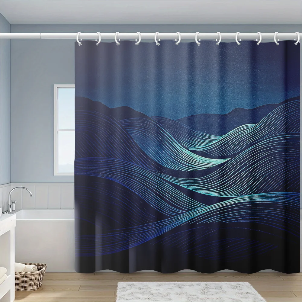 Navy Japanese Line Wave Mountain Print Shower Curtain, 12 Hooks Included, Peaceful Japanese Style Decor Curtain for Bathroom Par