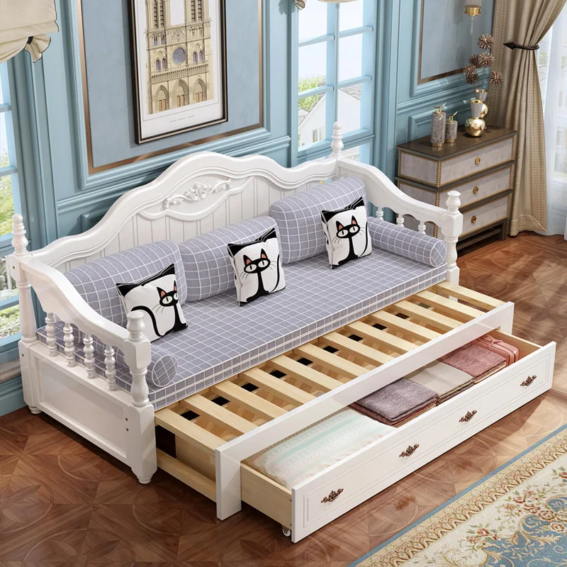 HYS European-style solid wood sofa bed, sliding foldable, sitting, and bedside minimalist bed, soft-wrapped small apartment