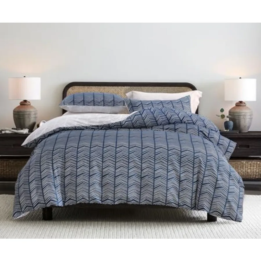 

Navy and White Duvet Cover Set 100% Cotton Bedding Geometric Pattern with Button Closure 3pcs Size