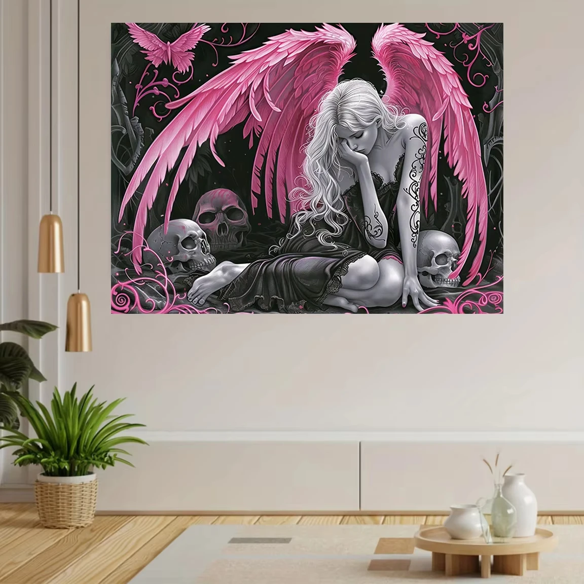 VIKAMA Dark Gothic Angel Tapestry Pink Wings Skull Art Diablo