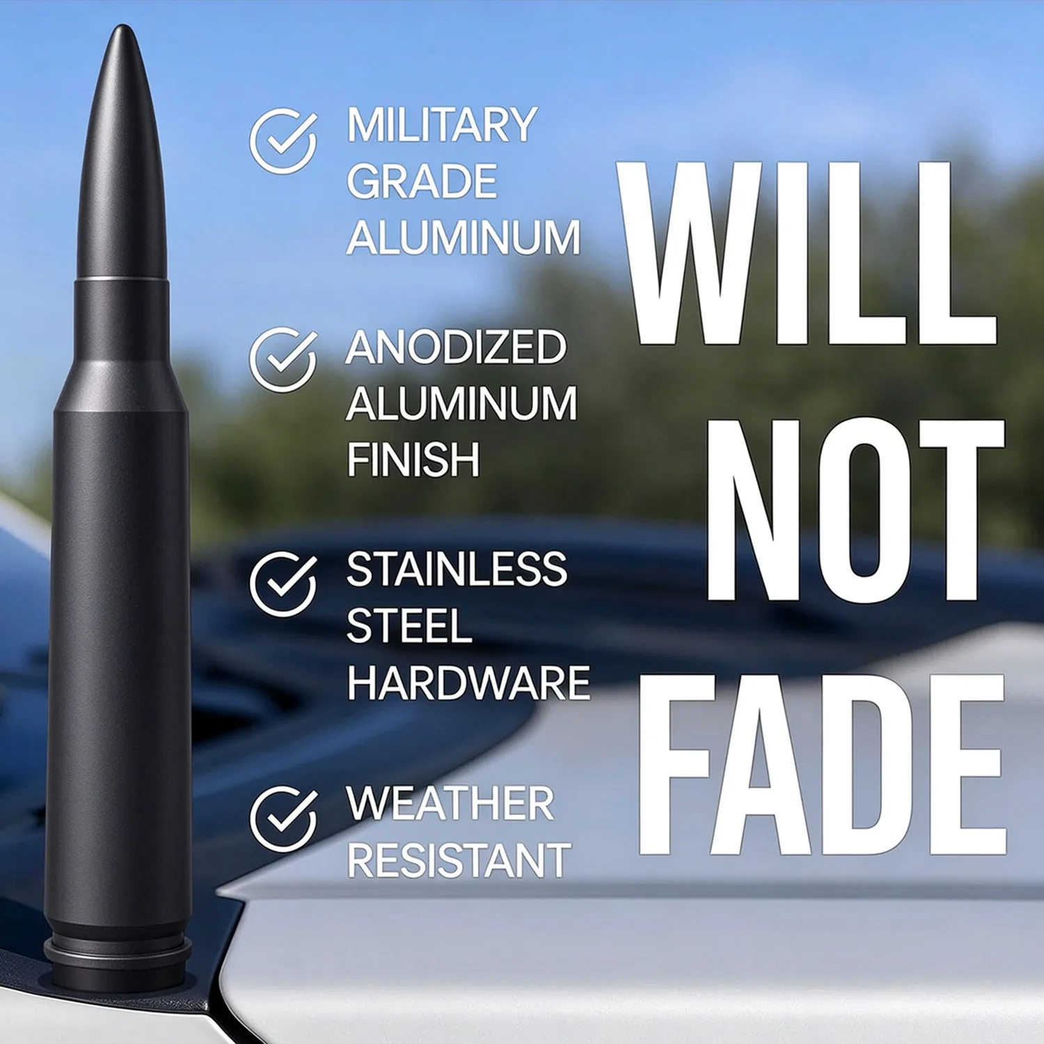50 Cal Bullet Antenna for Ford F150 F250 F350 Dodge Ram Raptor Bronco Upgrade Truck Look for F150 Antenna Anti Theft Topper