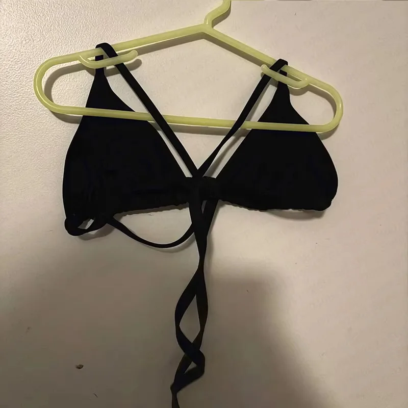 Summer Women's Gothic Punk Style Bikini Top Black Triangle Halter Swimwear Studded Cross Detail Y2K Beach Party