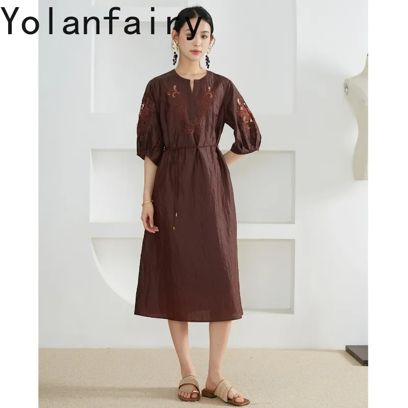 YOLANFAIRY Crack Texture 100% Mulberry Silk Dresses for Women Red Gambiered Silk Dresses Lace-up Elegant Black Dress Embroidery