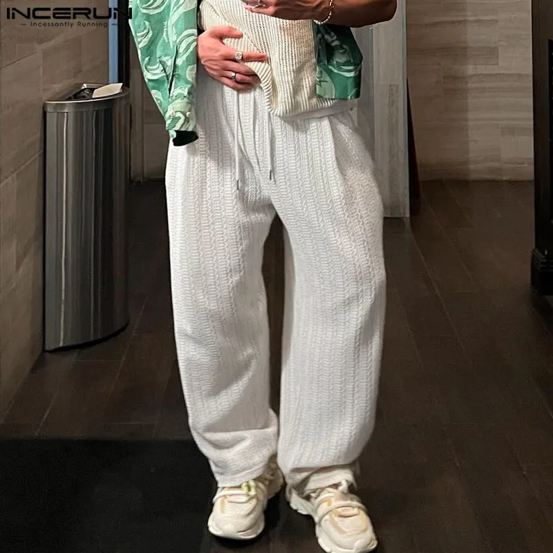 

INCERUN Men's Pants Lace Transparent Drawstring Loose Joggers Casual Trousers Men Streetwear 2024 Fashion Straight Pants S-5XL