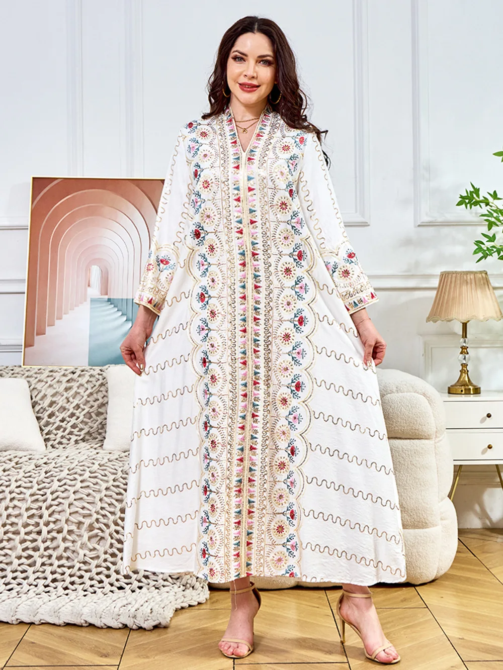 Women's Clothing Muslim Fashion Abaya Fashionable New Style Beads With Loose V-neckEvening Dress Gorgeous Parry