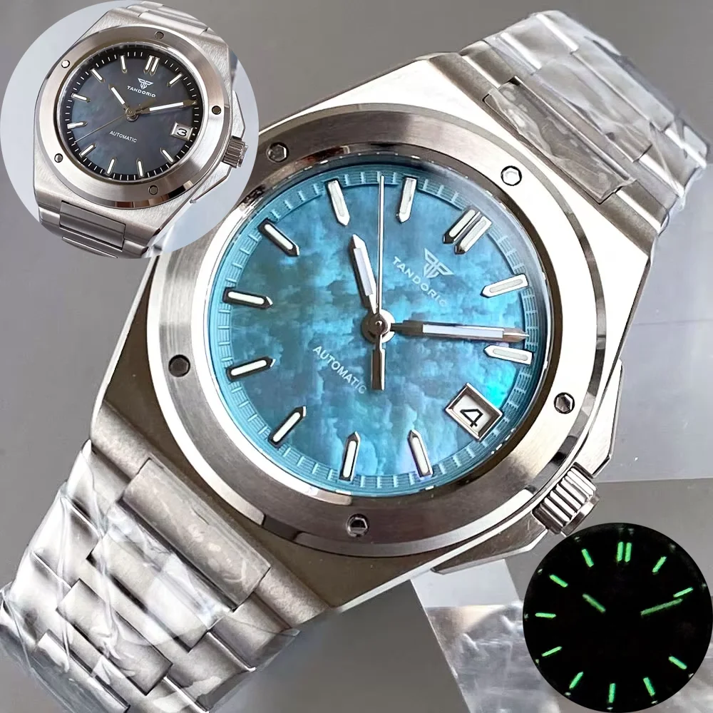 

Fashion Tandorio Mother of Pearl Shell Dial Lume 40mm Sandblasted Case NH35 Mechanical Automatic Men Watch Sapphire Glass 10ATM