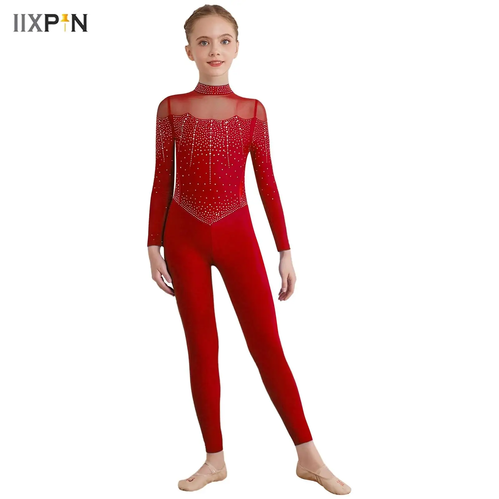 

Kids Girls Shiny Rhinestones Full Body Leotard Mock Neck Long Sleeve Mesh Jumpsuit for Figure Skating Gymnastics Dance Bodysuit