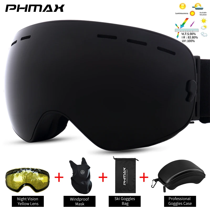 PHMAX Black Ski Goggles OTG Anti fog Snow Goggles TPU Frame UV Protection Snowboard Goggles for Men Women Adult Youth Cool Gift