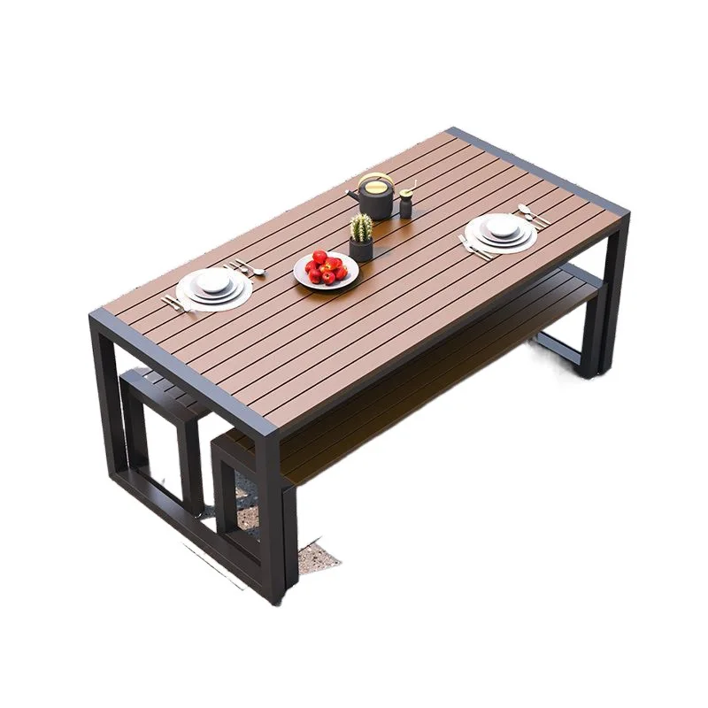Outdoor courtyard tables and chairs Outdoor waterproof and sunscreen Top floor park leisure balcony Iron wood barbecue table