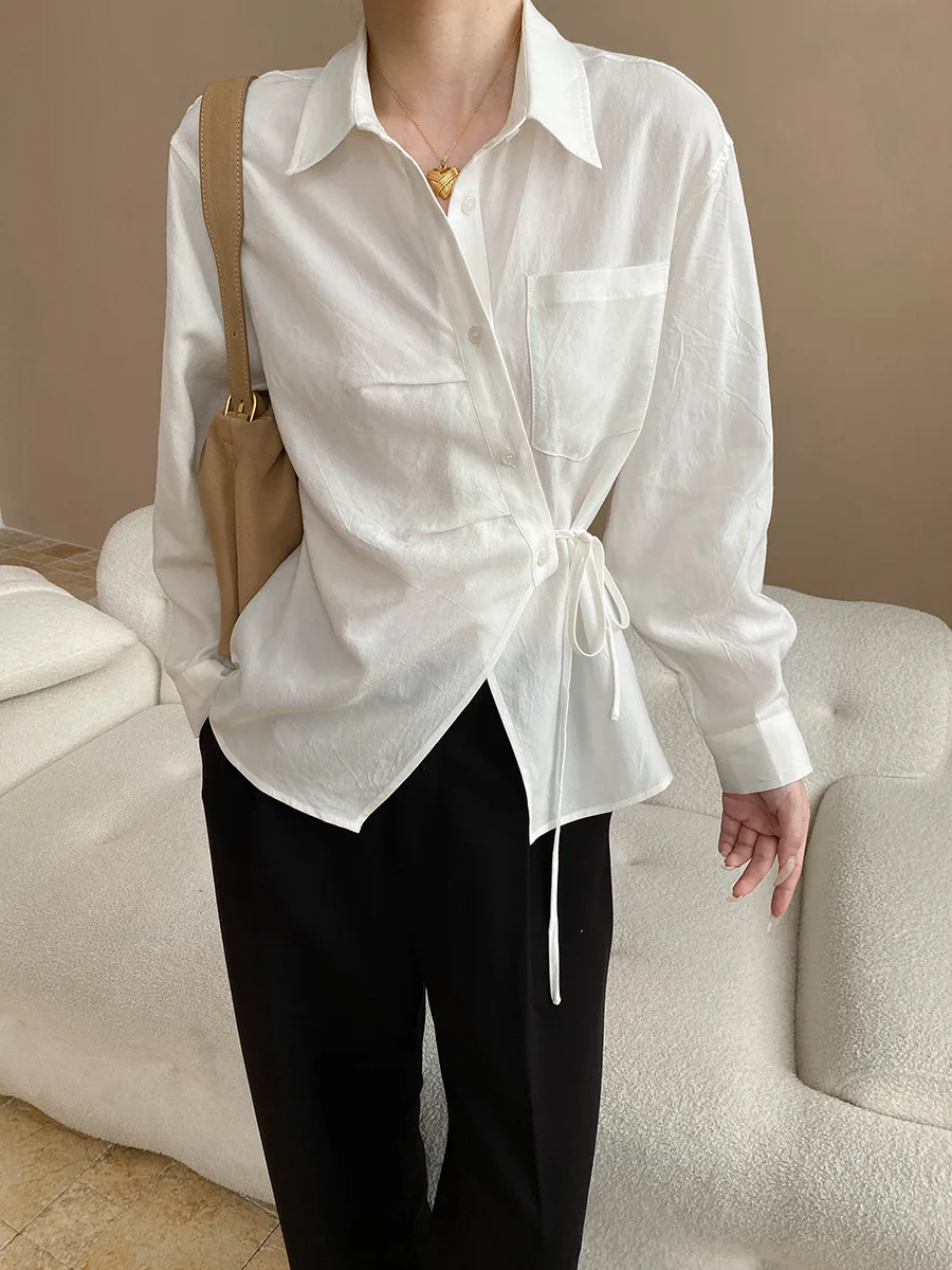 

Женская рубашка с длинными рукавами и нерегулярной завязкой на талии для похудения