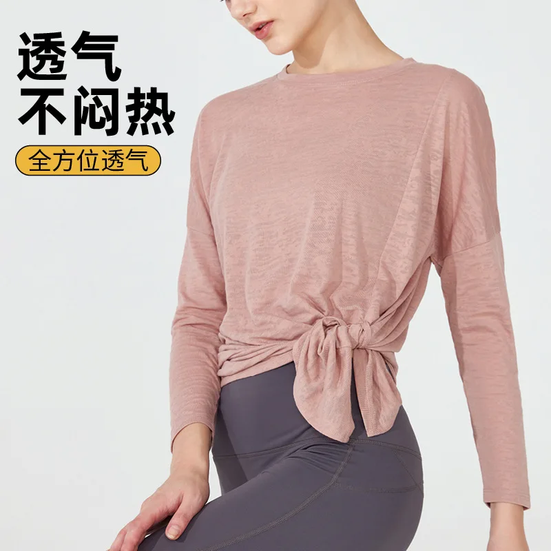 เสื้อโยคะแขนยาวสำหรับฤดูใบไม้ผลิและฤดูใบไม้ร่วง เสื้อวิ่งออกกำลังกายสำหรับผู้หญิง ระบายอากาศได้ดี ทรงหลวม เหมาะสำหรับการฝึกซ้อมและฟิตเนส