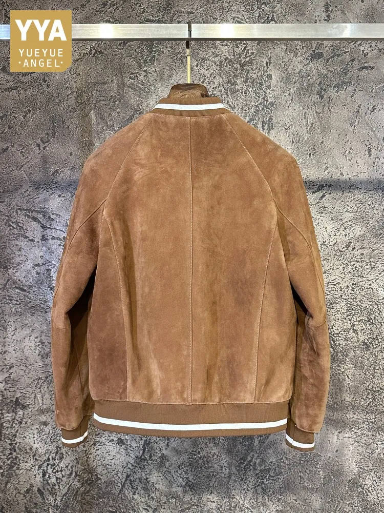

Luxury Men Vintage Natural Sheepskin Jacket Top Quality Genuine Leather Casual Coat Single Breasted Stand Collar Baseball Coats