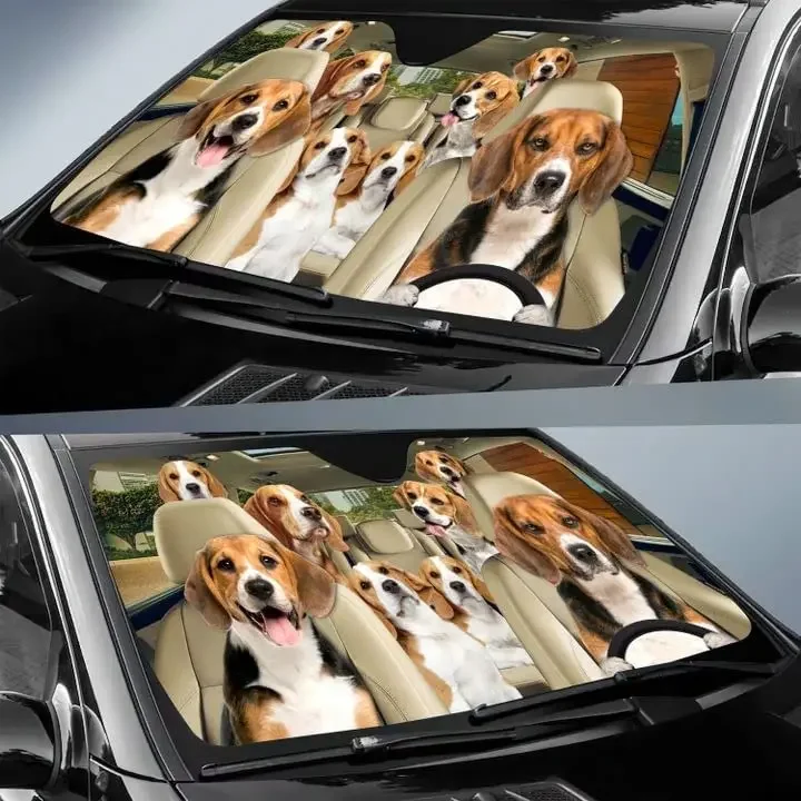 Beagle Family Auto Sun Shade Car Windshield Window Cover Sunshade, Beagle Family Members Driving Left Hand Auto Sun Shade, Beagl