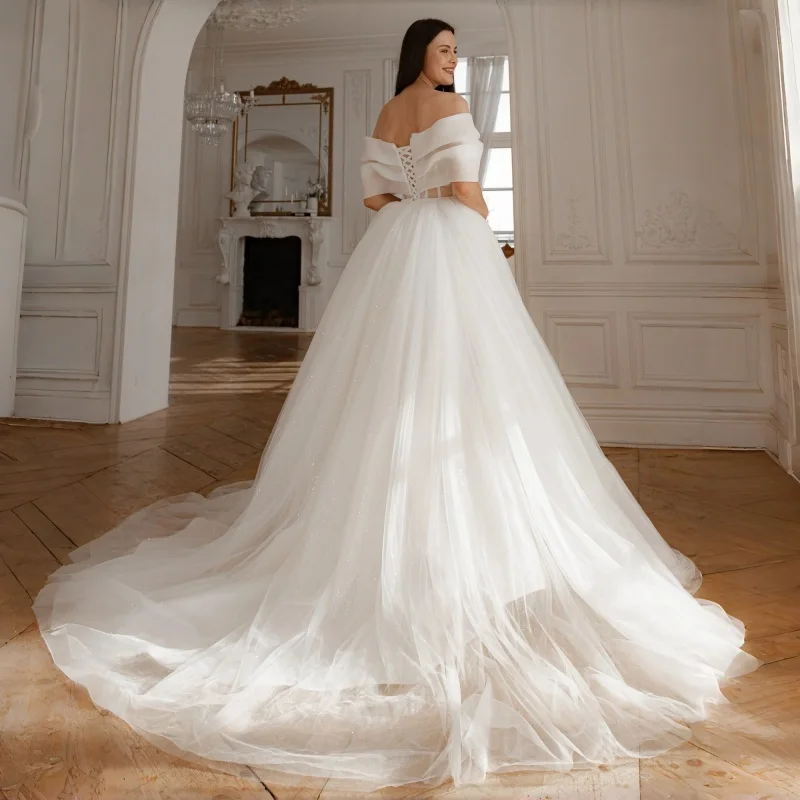 Romantic Organza Off The ShoulderFold Sleeves Wedding Dress Glitter Tulle Ball Gown With Cathedral Train Bridal Gown Customiz