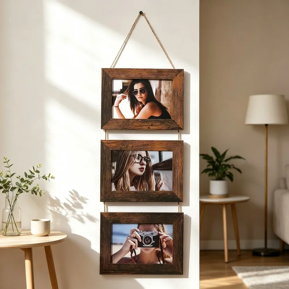 Wooden Hanging Collage Picture Frame Multi Panel Wall Mount Photo Frame Set Rustic Wood Linked Photo Holder for Family Portrait