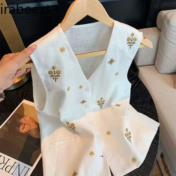 

2025 Summer Women's Linen Vest Sleeveless V-Neck Embroidery Waistcoat Elegant Casual Tops White Loose Fit Beachwear