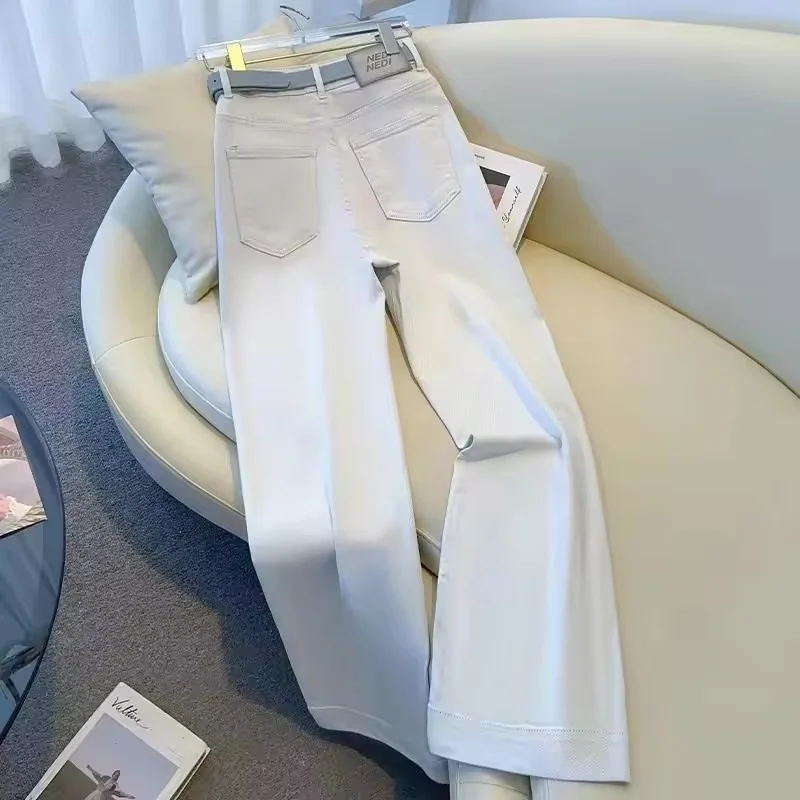 الخريف رمادي فاتح واسعة الساق الجينز المرأة عالية الخصر السراويل المستقيمة الإناث فضفاضة عادية أنيقة كل مباراة السيدات كاوبوي بنطلون