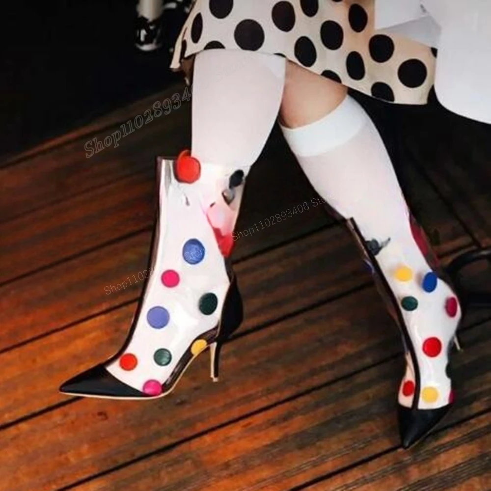 

Colorful Dot PVC Mid Calf Boots Runway Style Pointed Toe Stiletto High Heel Women Shoes 2023 Fashion Sexy Zapatos Para Mujere