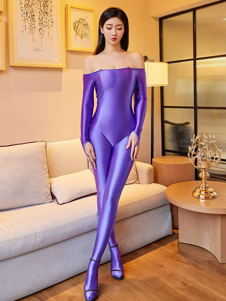 Manga comprida transparente suspender macacão sexy sem alças sem costas elástico bodysuits de uma peça óleo brilhante moldar macacão feminino