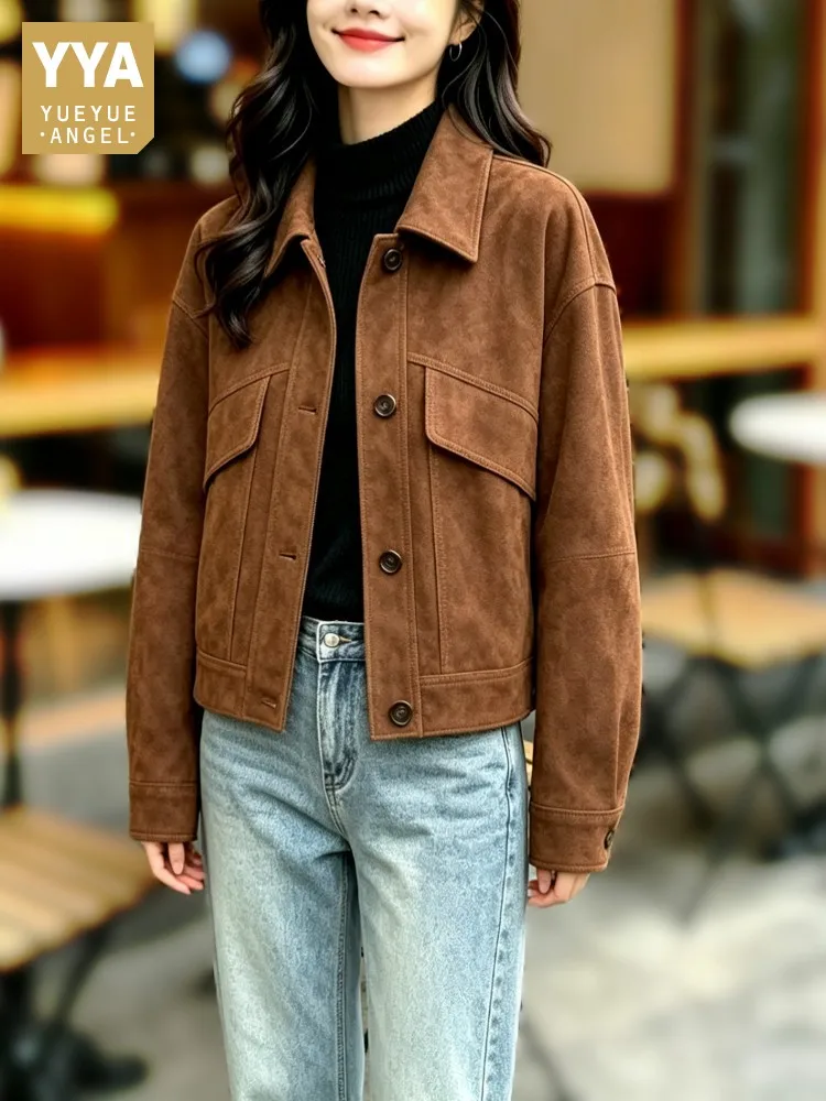 Vintage Women Loose Fit 100% Real Suede Leather Jacket Single Breasted Office Ladies Work Coat Casusal Outwear Autumn New Jacket